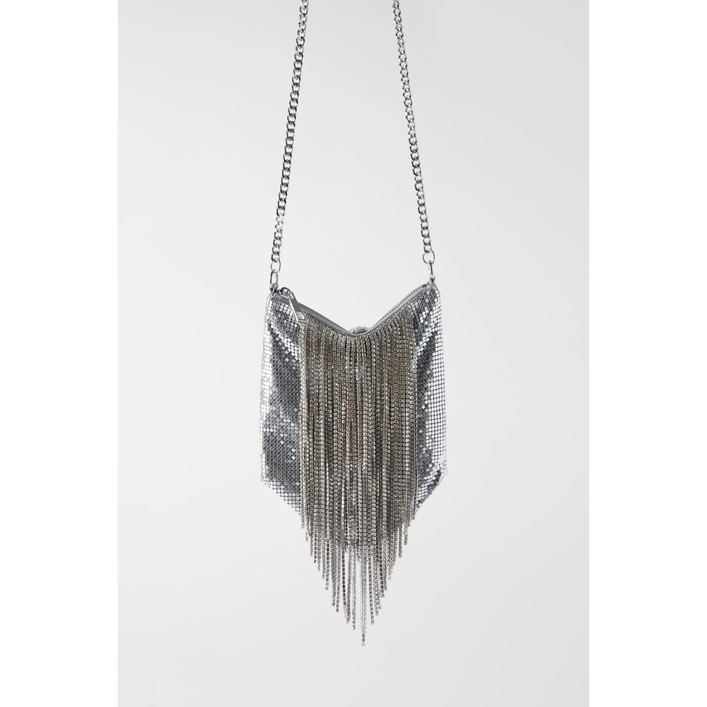 Zara Silver Metallic Fringe Chain Shoulder Clutch